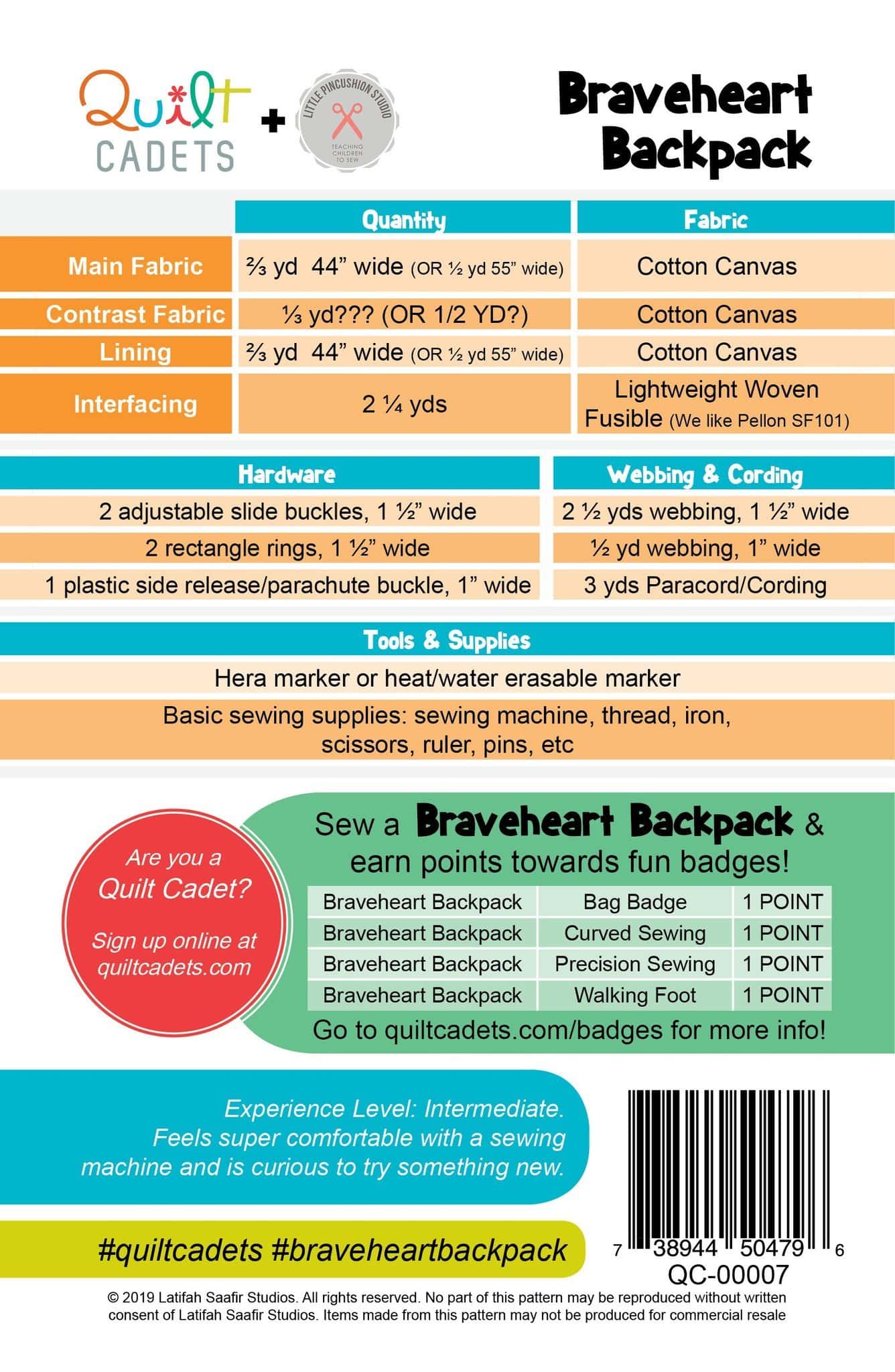 Quilt Cadets - Braveheart Backpack